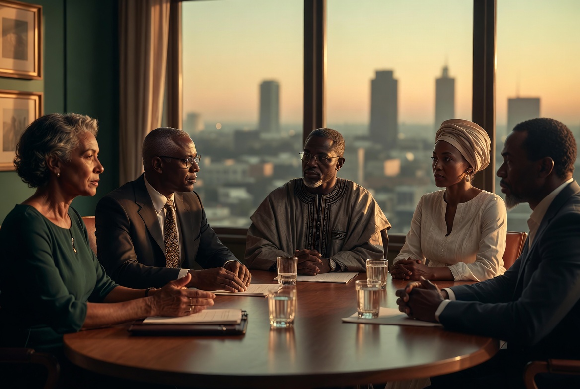 Policymakers and thought leaders in discussion around a boardroom table at sunset